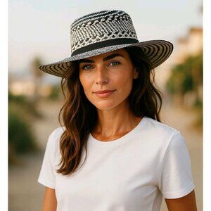 BANANA REPUBLIC Western Hat Black White Straw Womens M/L Adjustable